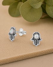 Load image into Gallery viewer, Hamsa Hand Synthetic Opal Stud Earrings in 100% Recycled Sterling Silver
