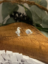 Load image into Gallery viewer, Mismatched Seahorse and Shell Sterling Silver Stud Earrings
