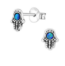 Load image into Gallery viewer, Azure Opal Hamsa Hand Stud Earrings – Recycled Sterling Silver
