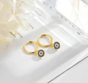 Gold plated sterling silver crystal evil eye huggie earrings