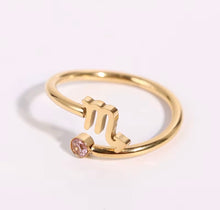 Load image into Gallery viewer, Libra Dainty Gold Zodiac Ring, Adjustable Birthstone Astrology Jewellery
