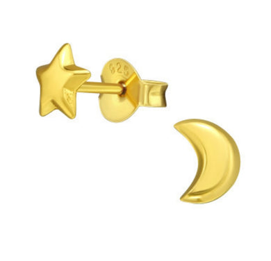 Gold plated sterling silver mismatched moon and star stud earrings