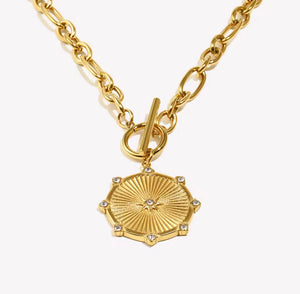 Boho chic gold medallion necklace, 45cm chain with sunburst pendant, minimalist gold jewelry