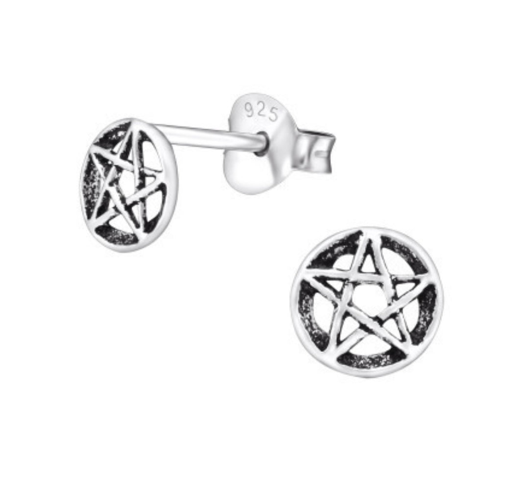Witch Pentagram Sterling Silver Stud Earrings