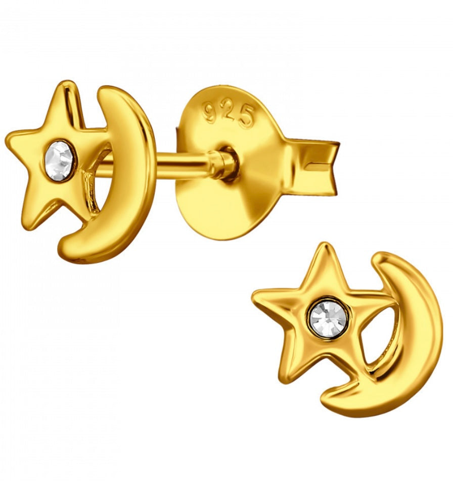 Moon and Star Stud Earrings Gold Plated Sterling Silver