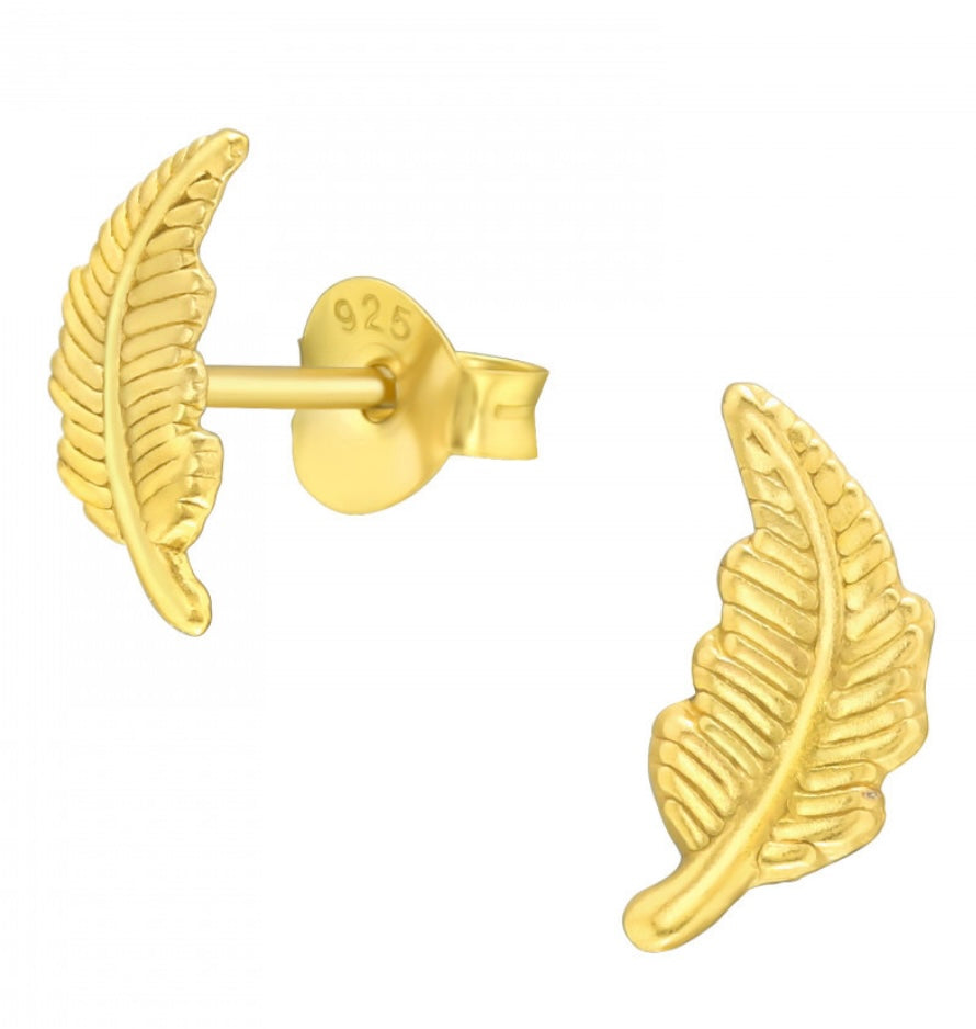 Feather Stud Earrings Gold Plated Sterling Silver
