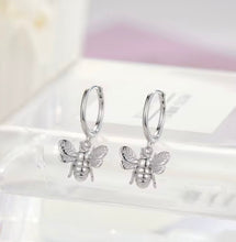 Load image into Gallery viewer, Bee Charm Huggie Earrings in Sterling Silver &amp; Gold-Plated Sterling Silver – Dainty Nature-Inspired Jewelry
