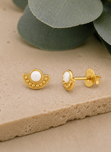 Load image into Gallery viewer, Gold Plated Snow Opal Stud Earrings – Recycled Sterling Silver
