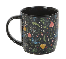 Load image into Gallery viewer, Black Midnight Bloom Print Mug – Celestial Floral Ceramic Coffee &amp; Tea Cup
