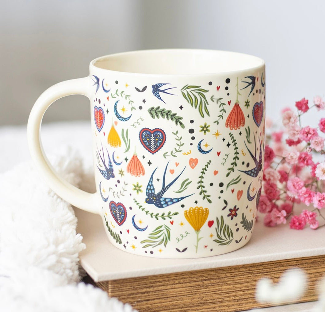 Cream Midnight Bloom Print Mug – Celestial Floral Ceramic Coffee & Tea Cup