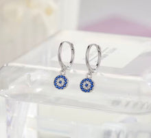 Load image into Gallery viewer, sterling silver crystal evil eye huggie earrings

