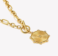 Load image into Gallery viewer, Gold sunburst pendant necklace in 18k gold plating on stainless steel chain, 45cm dainty medallion jewelry gift for her
