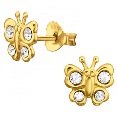 Gold plated sterling silver crystal butterfly stud earrings
