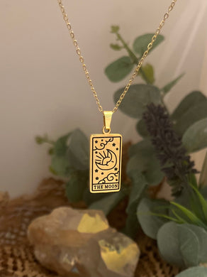 The Moon tarot pendant necklace in gold, retro tarot card design