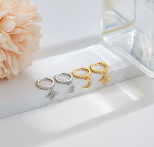 Gold plated sterling silver crystal mismatched moon and star huggie earrings