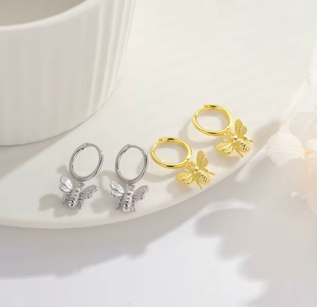 Bee Charm Huggie Earrings in Sterling Silver & Gold-Plated Sterling Silver – Dainty Nature-Inspired Jewelry