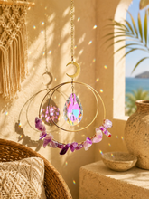 Load image into Gallery viewer, Amethyst Crystal Moon Suncatcher – Handmade Hanging Prism Window Decor – Boho Crystal Sun Catcher – Peace &amp; Protection Gift – Home &amp; Garden Decor
