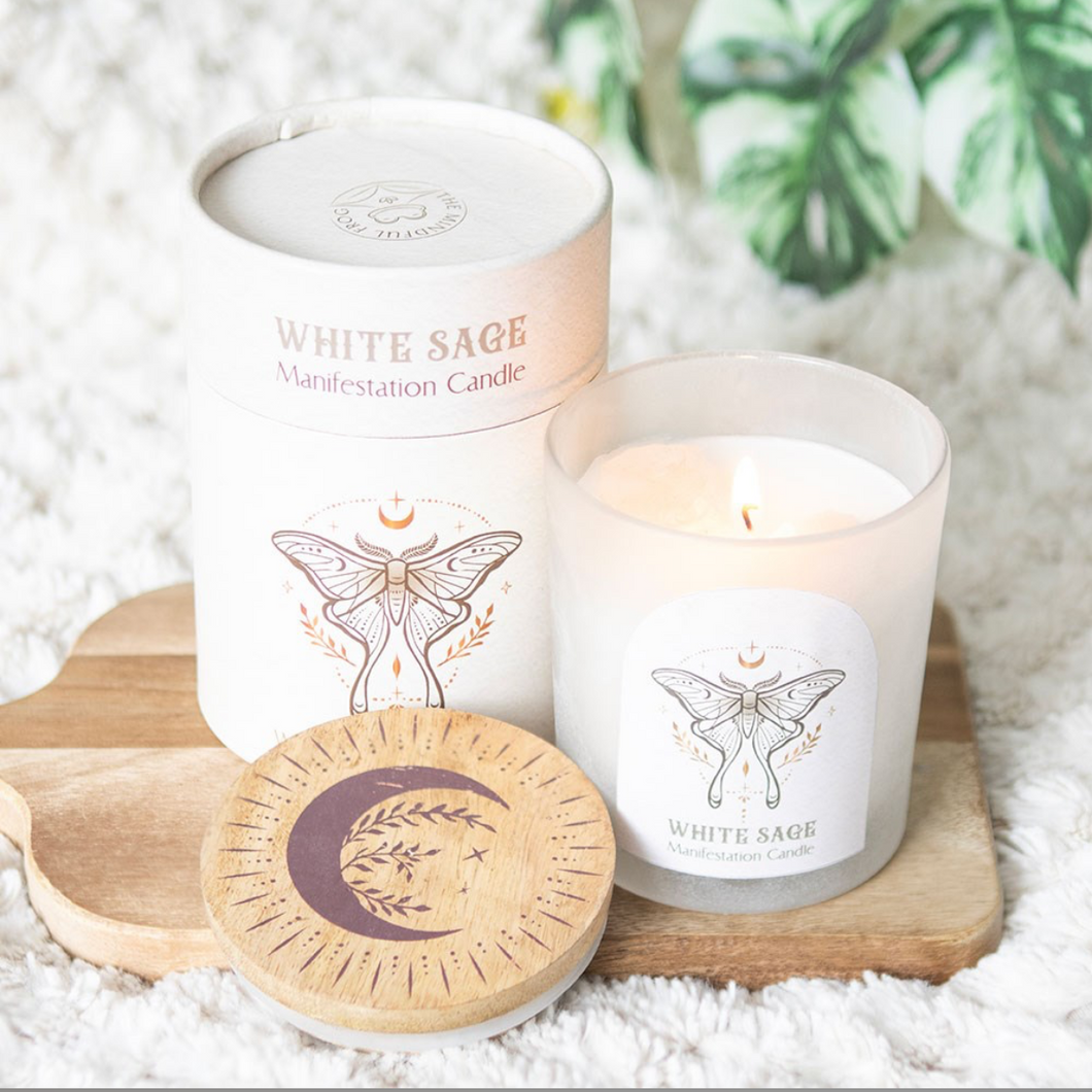 Luna Moth Manifestation Candle with Clear Quartz Crystals – Hand-Poured Scented Candle for Intention & Energy