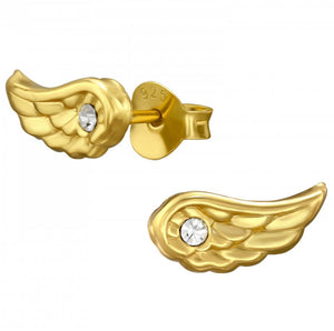 Gold plated sterling silver angel wing stud earrings with crystal details