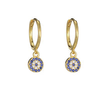 Load image into Gallery viewer, Gold plated sterling silver crystal evil eye huggie earrings
