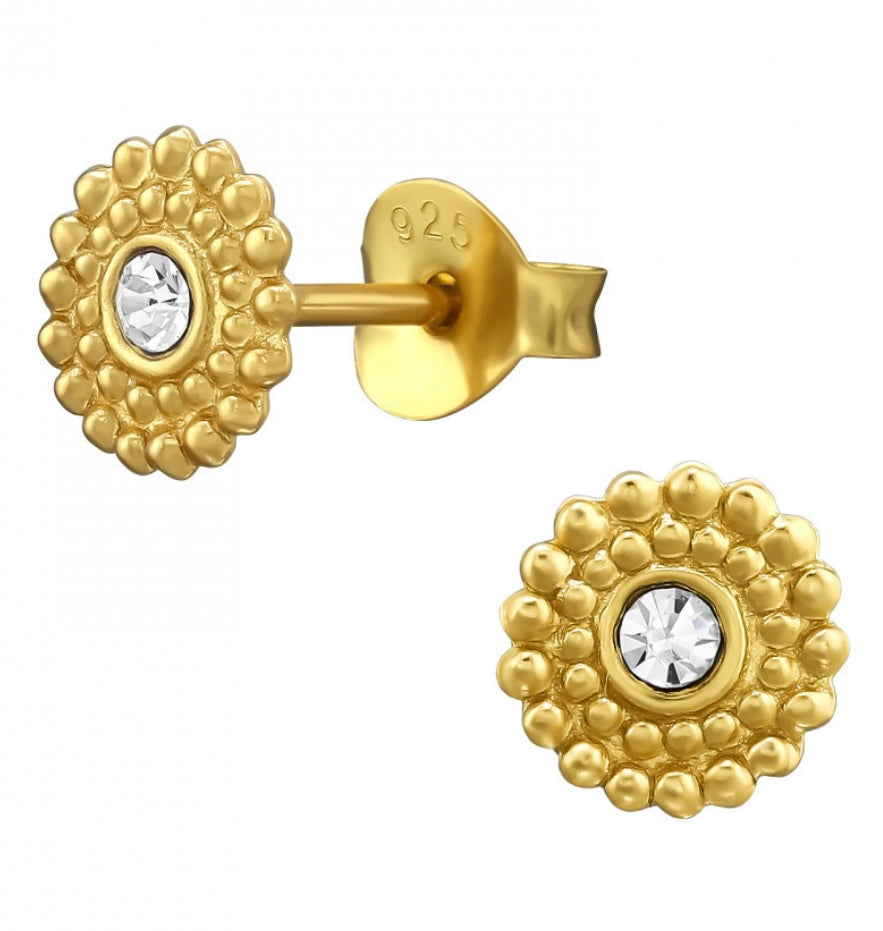 Gold plated sterling silver bobbly round crystal stud earrings