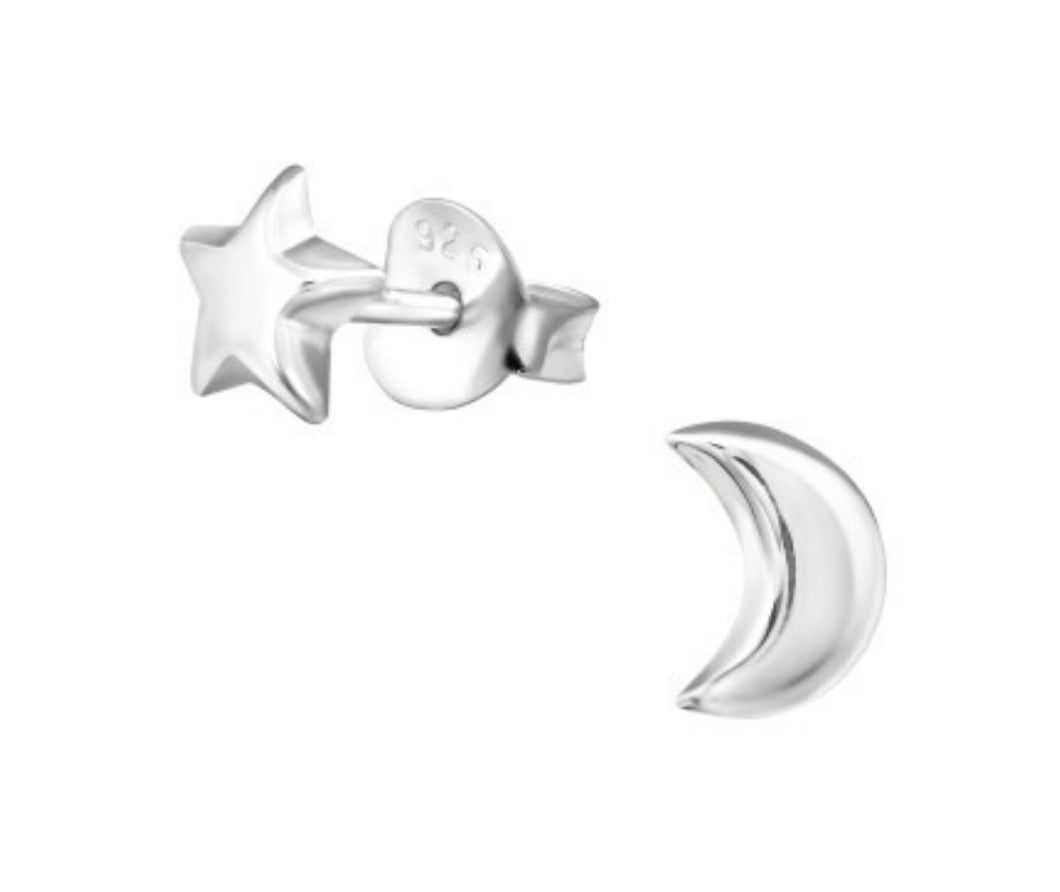 Mismatched Moon and Star Sterling Silver Stud Earrings