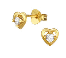 Load image into Gallery viewer, Gold Plated Heart Crystal Stud Earrings – Recycled Sterling Silver
