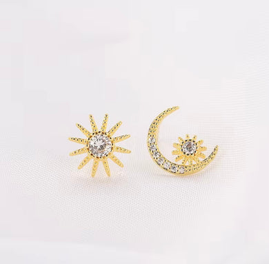 Gold-plated Crystal stud earrings mismatched pair sun and moon
