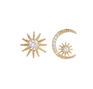 Gold-plated stud earrings with sparkling crystal detail sun and moon