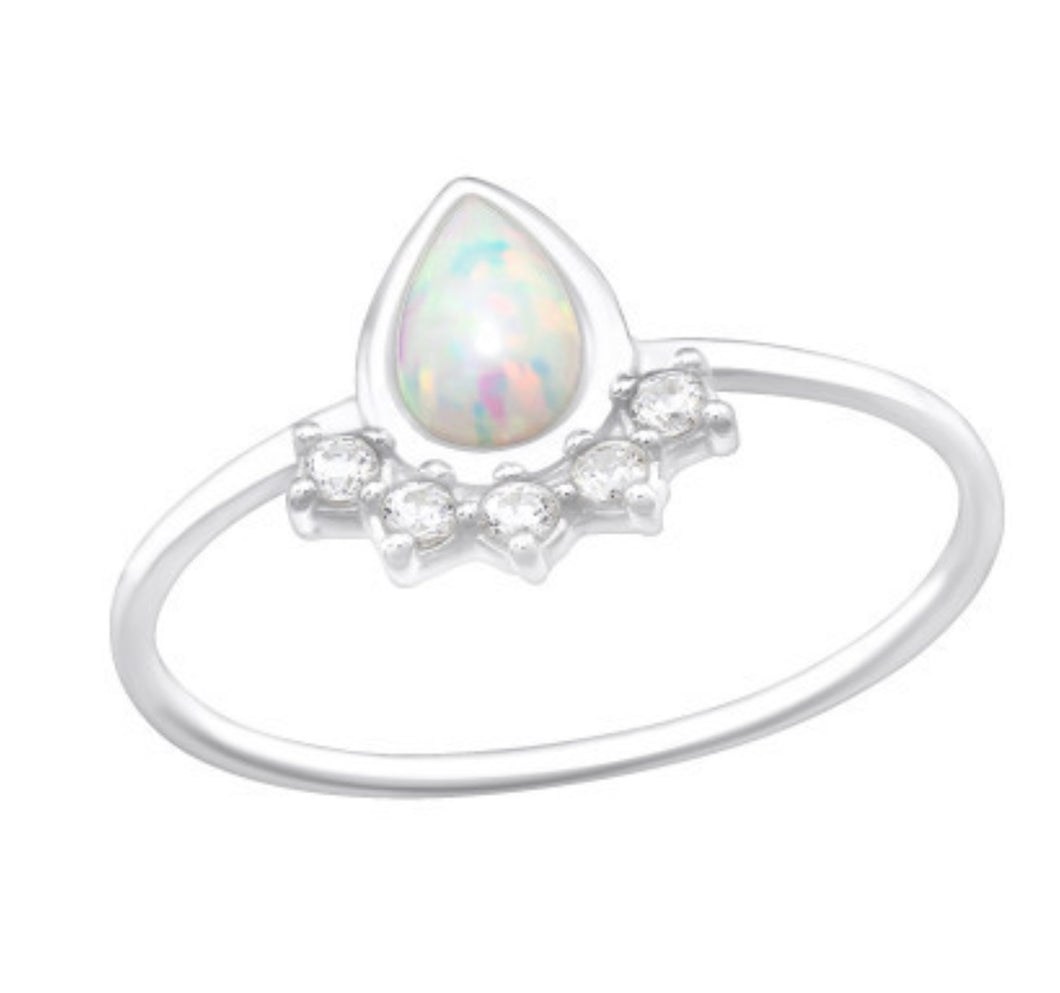 Pear drop Opal and Crystal Sterling Silver Ring