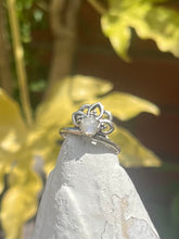 Load image into Gallery viewer, Lotus Rainbow Moonstone Sterling Silver Ring—depicts purity and renewal with shimmering gemstone
