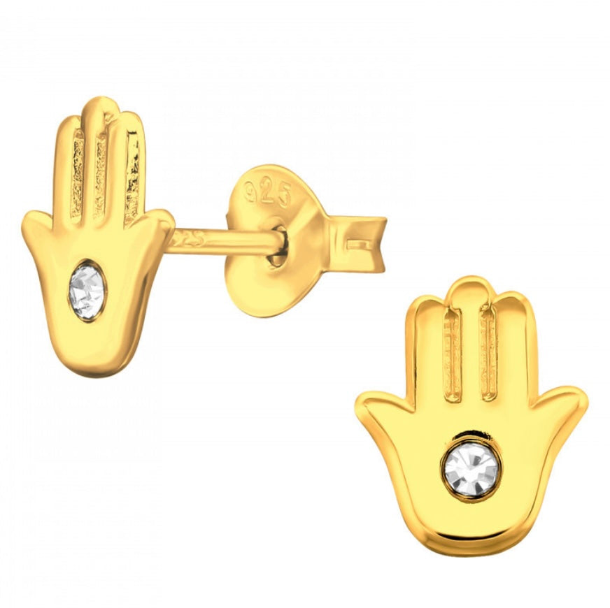 Crystal Hamsa Hand Stud Earrings Gold Plated Sterling Silver