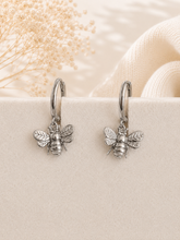 Load image into Gallery viewer, Bee Charm Huggie Earrings in Sterling Silver &amp; Gold-Plated Sterling Silver – Dainty Nature-Inspired Jewellery
