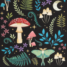 Load image into Gallery viewer, Close-up of dark forest-themed print on a canvas tote: enchanted mushrooms, moonlit luna moth, ferns, and flora

