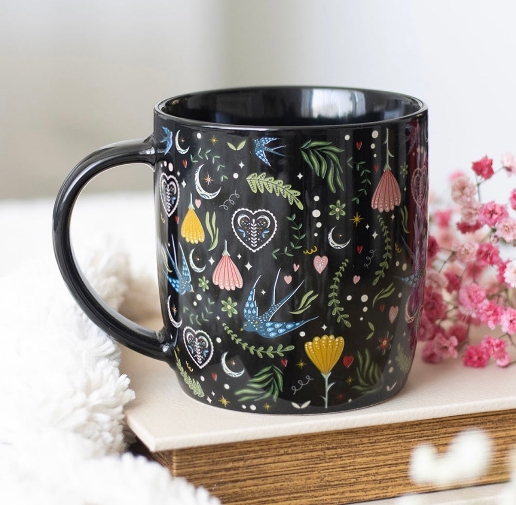 Black Midnight Bloom Print Mug – Celestial Floral Ceramic Coffee & Tea Cup