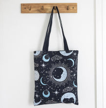 Load image into Gallery viewer, Blue Moon polcotton tote bag with celestial moon and stars print
