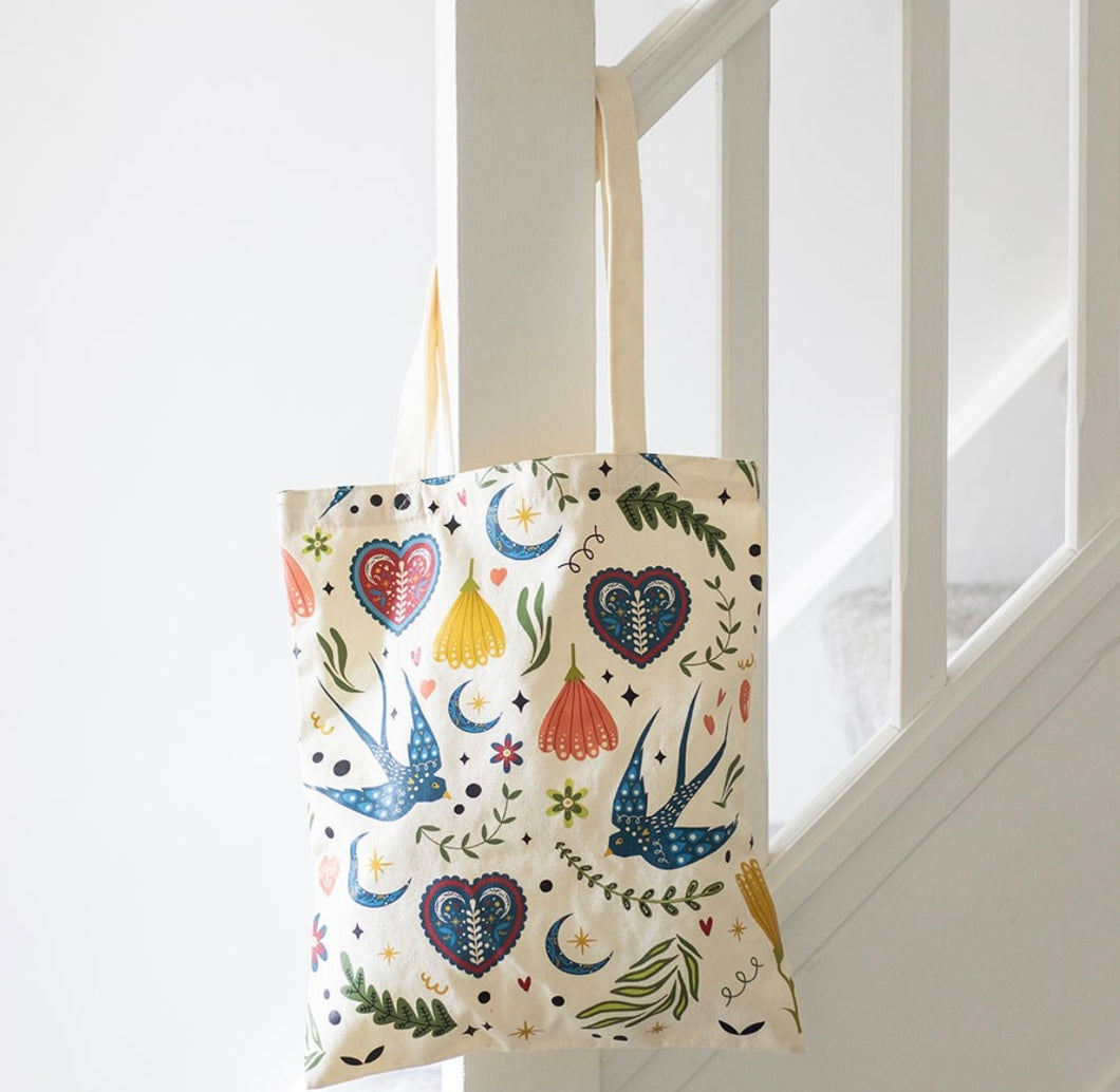 Cream Folk Print Polycotton Tote Bag – Reusable Eco-Friendly Shopper Bag