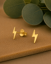 Load image into Gallery viewer, Gold Plated Lightning Bolt Stud Earrings in 100% Recycled Sterling Silver

