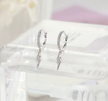 Load image into Gallery viewer, Sterling silver and crystal Huggie earrings with lightning charm
