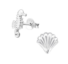 Load image into Gallery viewer, Mismatched Seahorse and Shell Sterling Silver Stud Earrings
