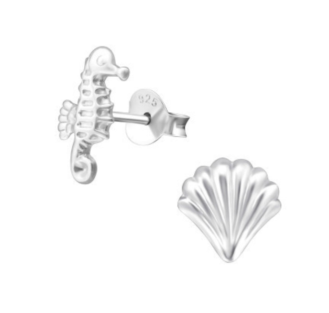 Mismatched Seahorse and Shell Sterling Silver Stud Earrings