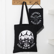 Load image into Gallery viewer, Girls Will Be Girls witchy tote bag with trio of witches design – black background
