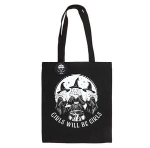 Bold witch-print polycotton bag – Girls Will Be Girls slogan
