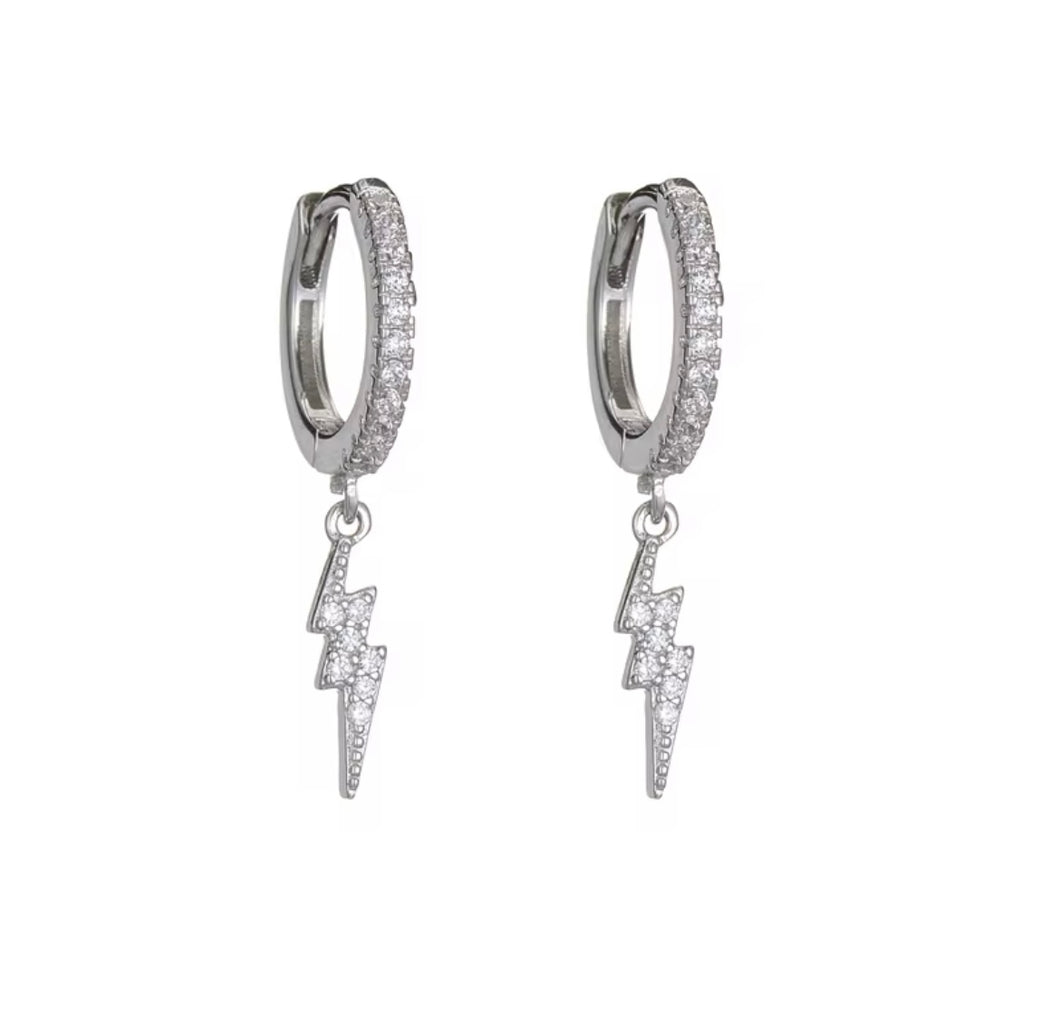 Sterling silver and crystal Huggie earrings with lightning charm