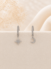 Load image into Gallery viewer, Moon &amp; Star Huggie Earrings – Sterling Silver &amp; Gold-Plated Celestial Crystal Hoops
