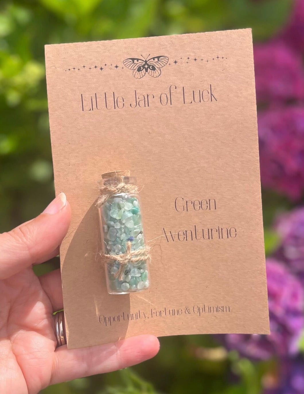 Little jar of crystals for luck green aventurine