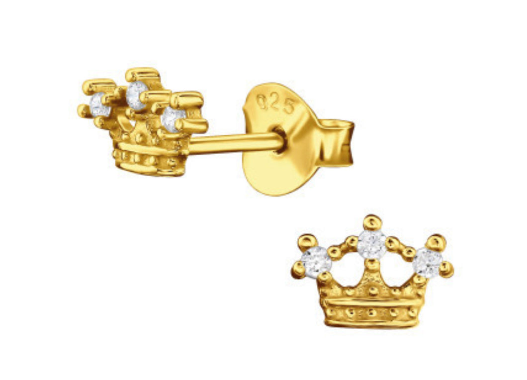 Princess Crystal Crown Stud Earrings Gold Plated Sterling Silver