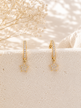 Load image into Gallery viewer, Celestial Star Huggie Hoop Earrings | Sterling Silver or Gold Plated Sterling Silver | Dainty CZ Star Earrings
