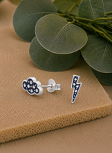 Load image into Gallery viewer, Sterling Silver Cloud &amp; Lightning Bolt Crystal Stud Earrings – Mismatched Studs in 100% Recycled Sterling Silver
