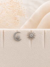 Load image into Gallery viewer, Celestial Mismatched Sun &amp; Moon Stud Earrings – Sterling Silver or Gold-Plated
